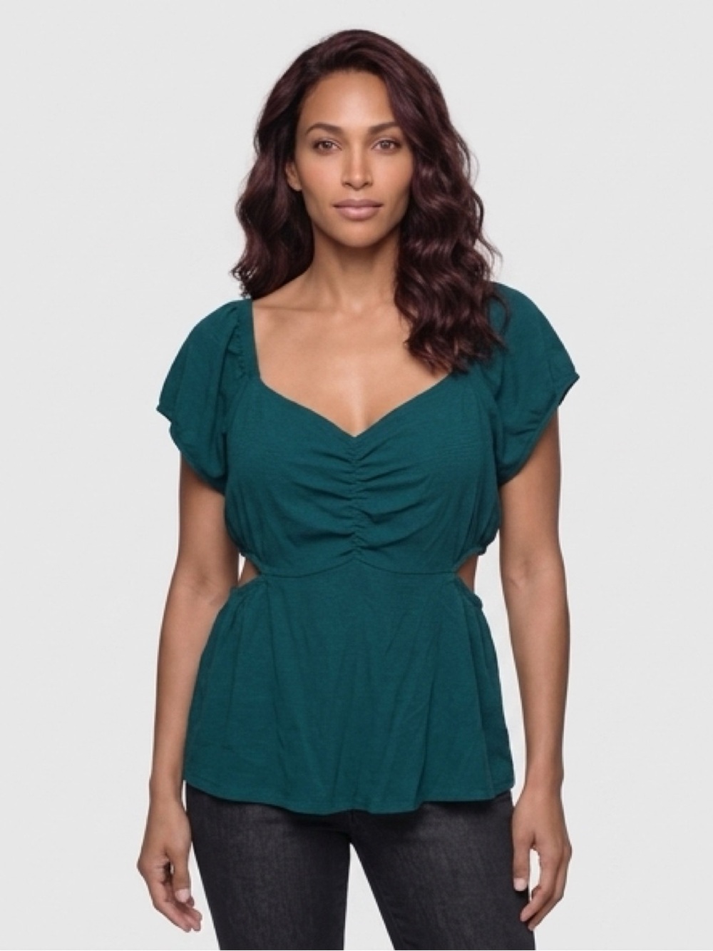 torrid Teal Ruched V-Neck Cutout Peplum Blouse